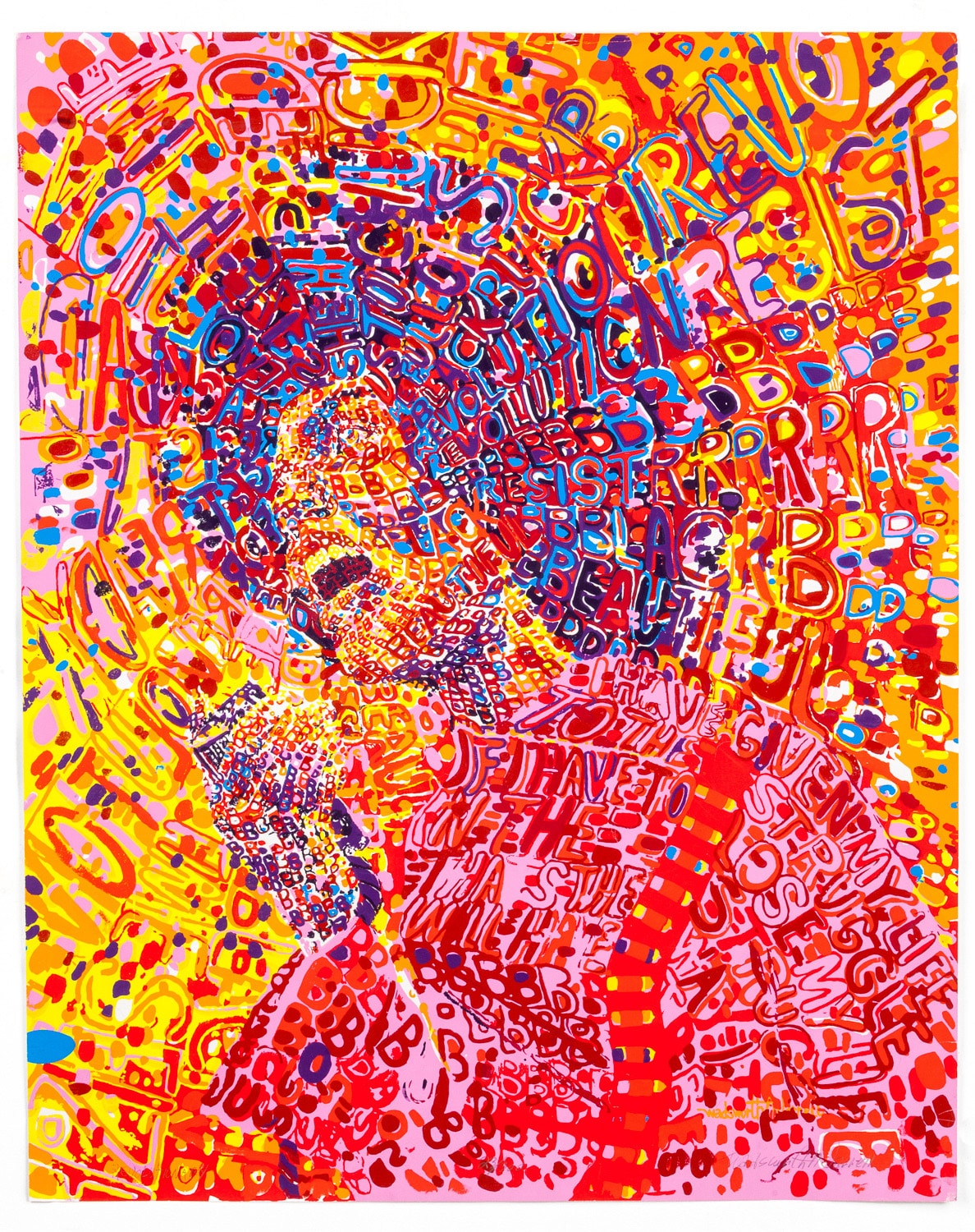 a portrait of Angela Davis in vibrant colors formed with the letter B repeating and words such as RESIST and BEAUTIFUL