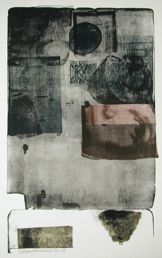 a print with faded images mostly in black, white and grey boxes and circles