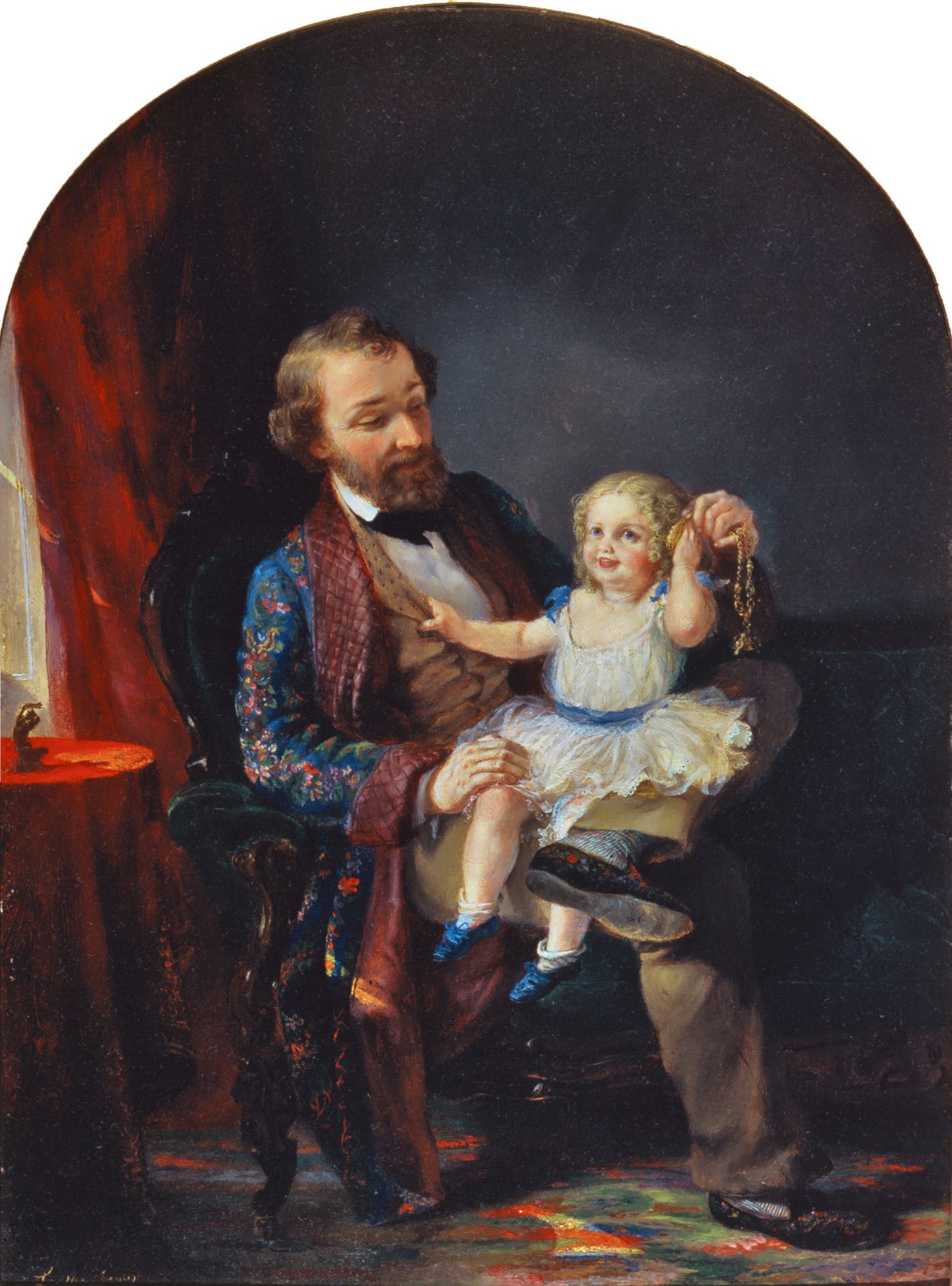 a painting of a young girl sitting on a man's lap holding a pocket watch