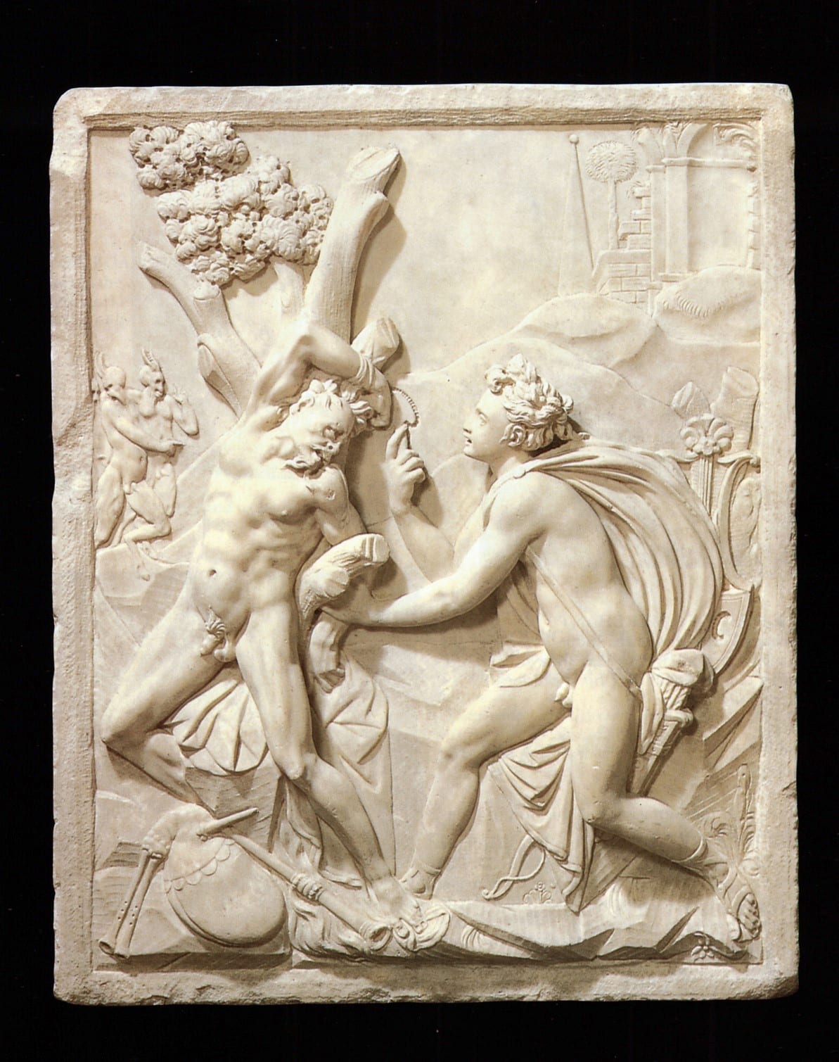 a low relief marble of a bound satyr and a greek god about to flay him