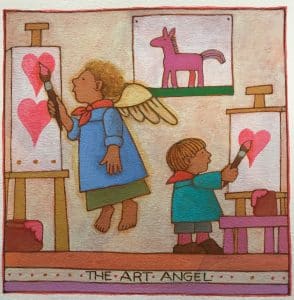 pastel colored illustration of children painting, one has wings and hovers above the ground