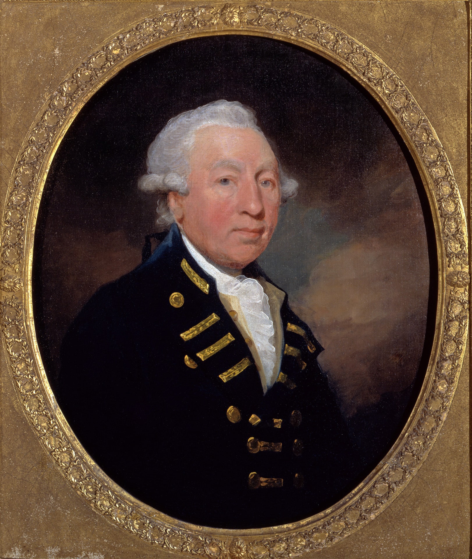 a portrait of an older white man dressed in a 18th century military-style jacket