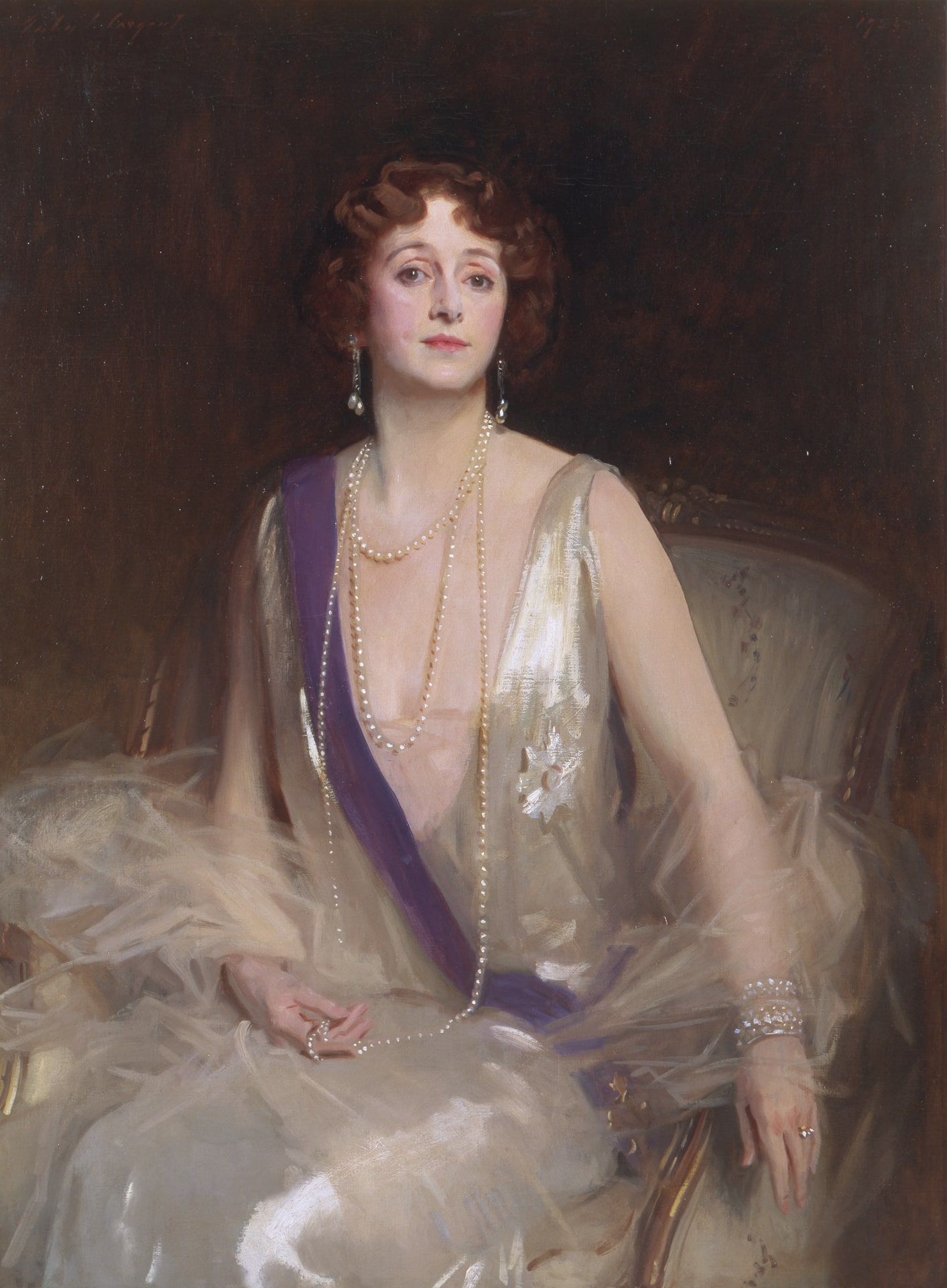 a painting of a white woman dressed in a low-cut satin dress with a purple sash and a 3 long strings of pearls seated on a chair against a dark brown background