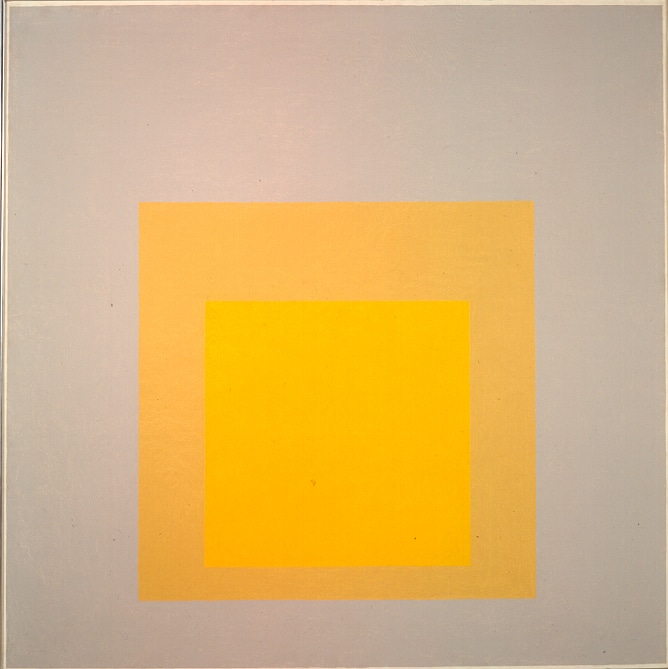 a painting of 2 yellow squares of different shades on top of one another against an off-white background