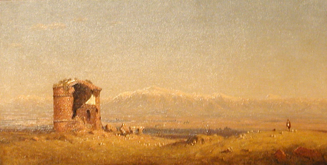 a landscape painting of a ruined tower in a field with a mountain in the background; the air appears hazy