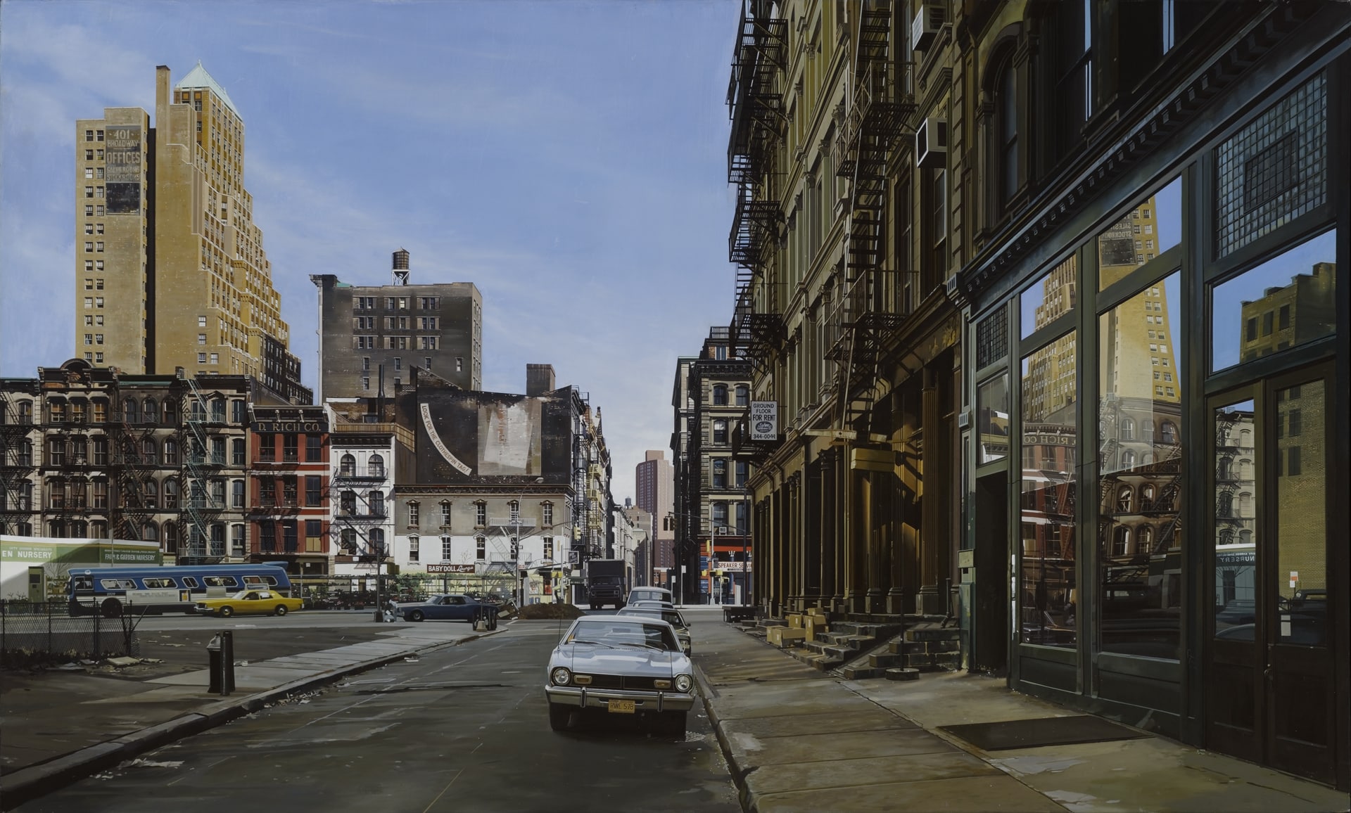 a photorealistic painting of a street scene in new york city