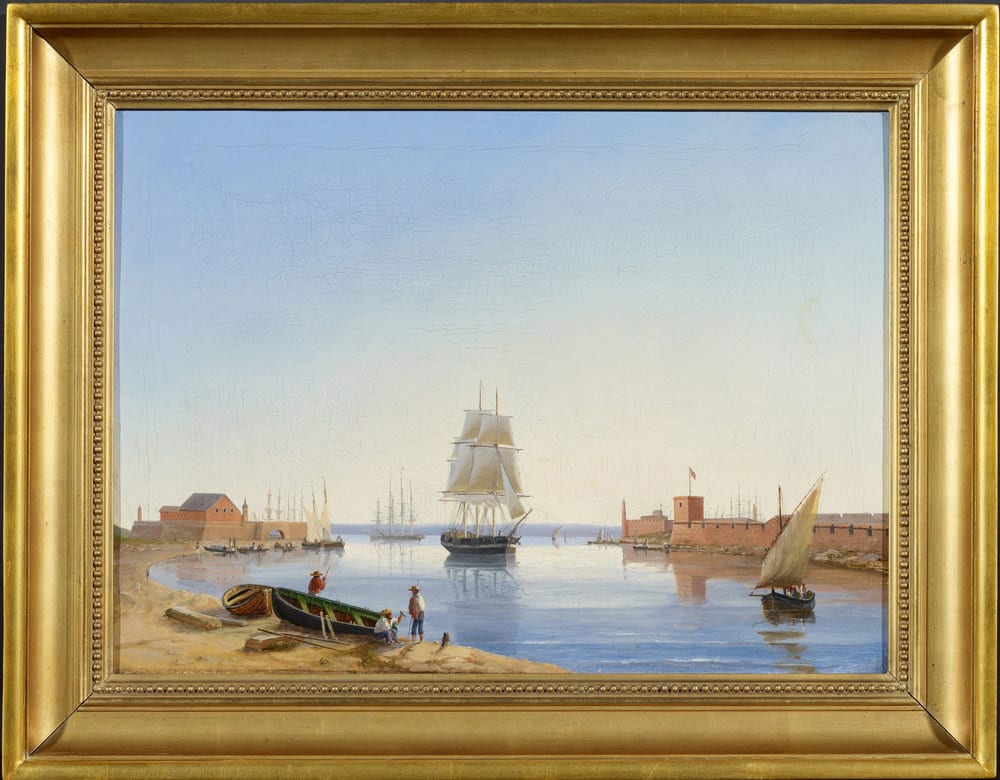 a landscape painting of a harbor with a ship in the center