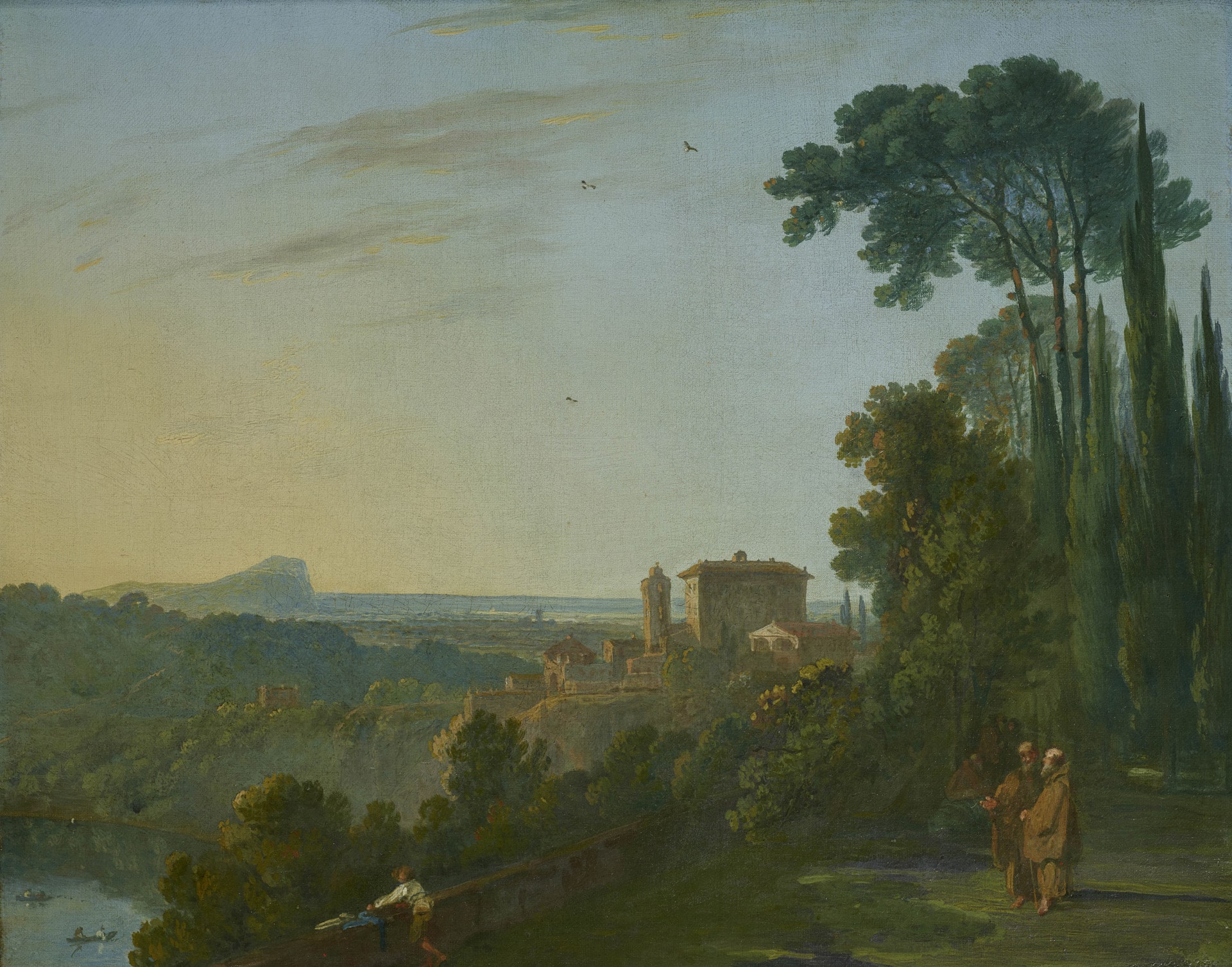 a landscape painting of a lake, wooded area, and villa with two figures talking in the foreground