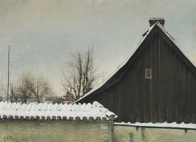 a painting of snowy roofs against a grey sky