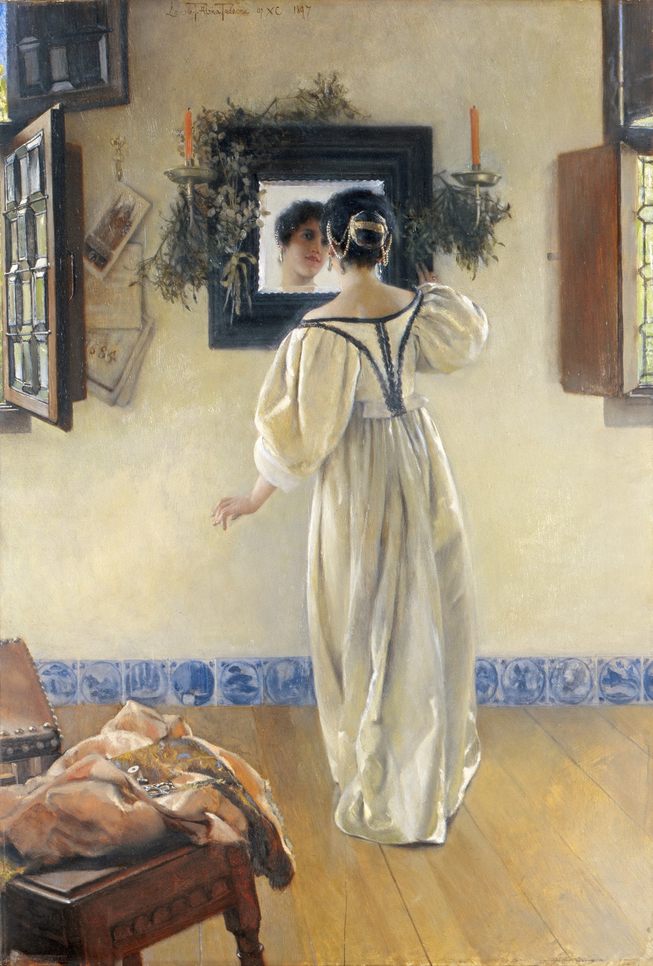 a painting of a woman in a white dress looking at herself in a mirror