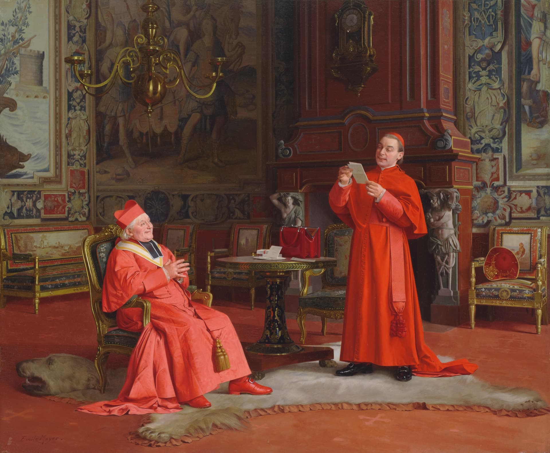 a painting of two cardinals in an opulent interior